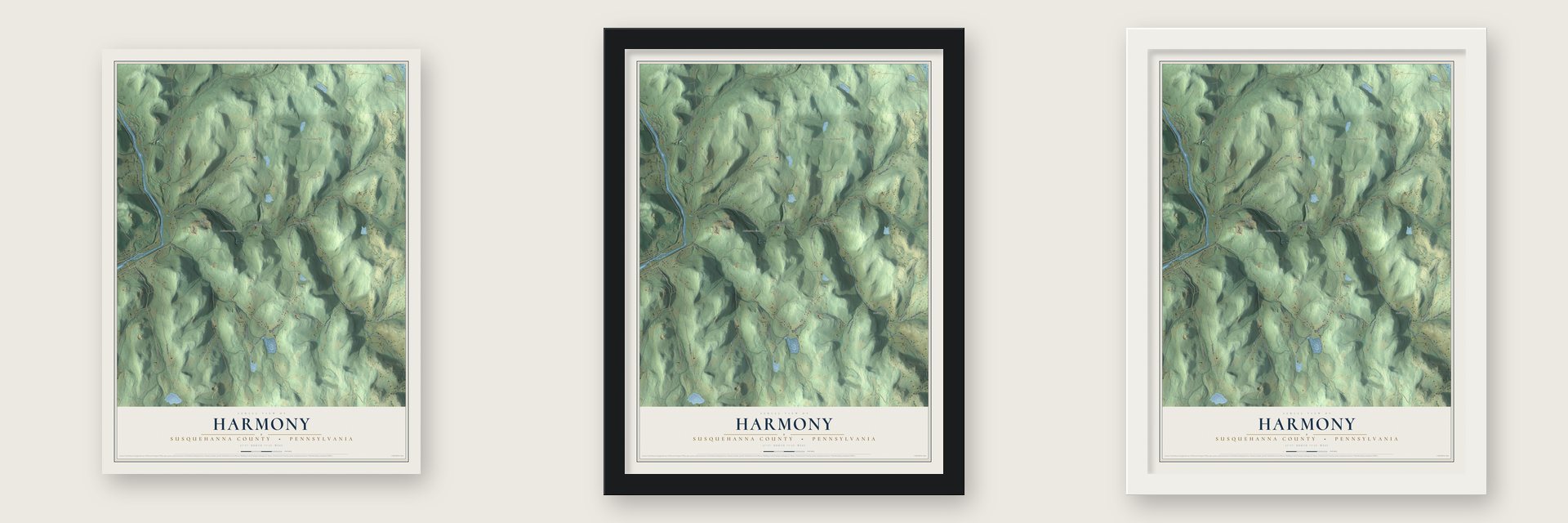 Harmony, Susquehanna County, Pennsylvania map unframed, in a black wood frame and in a white wood frame