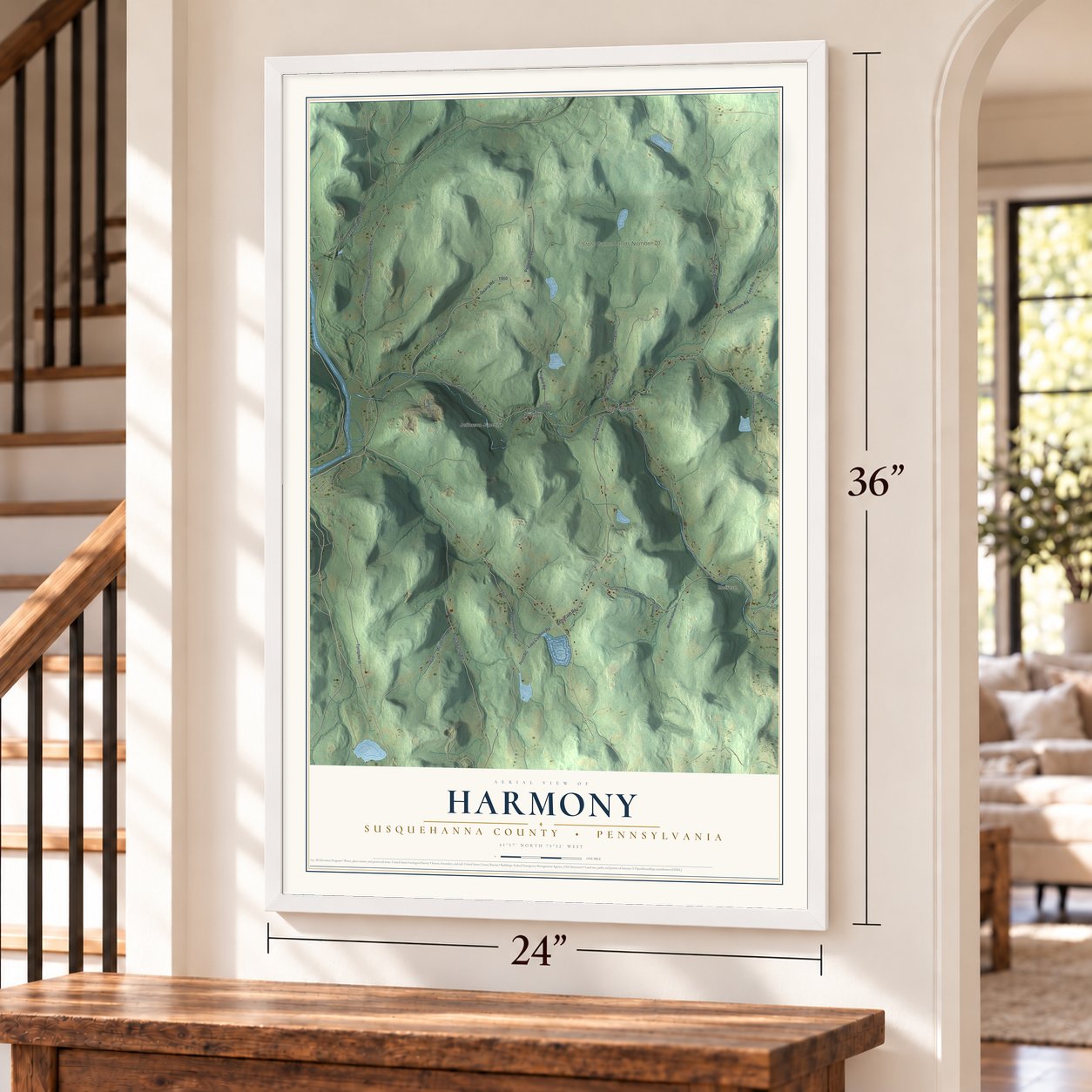 Harmony, Susquehanna County, Pennsylvania map, 24 x 36 inch print in a white frame by a staircase