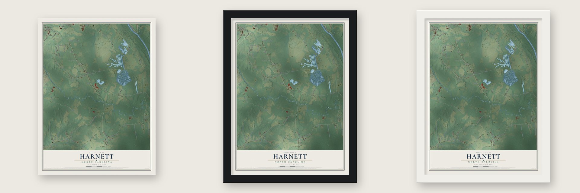 Harnett, North Carolina map unframed, in a black wood frame and in a white wood frame
