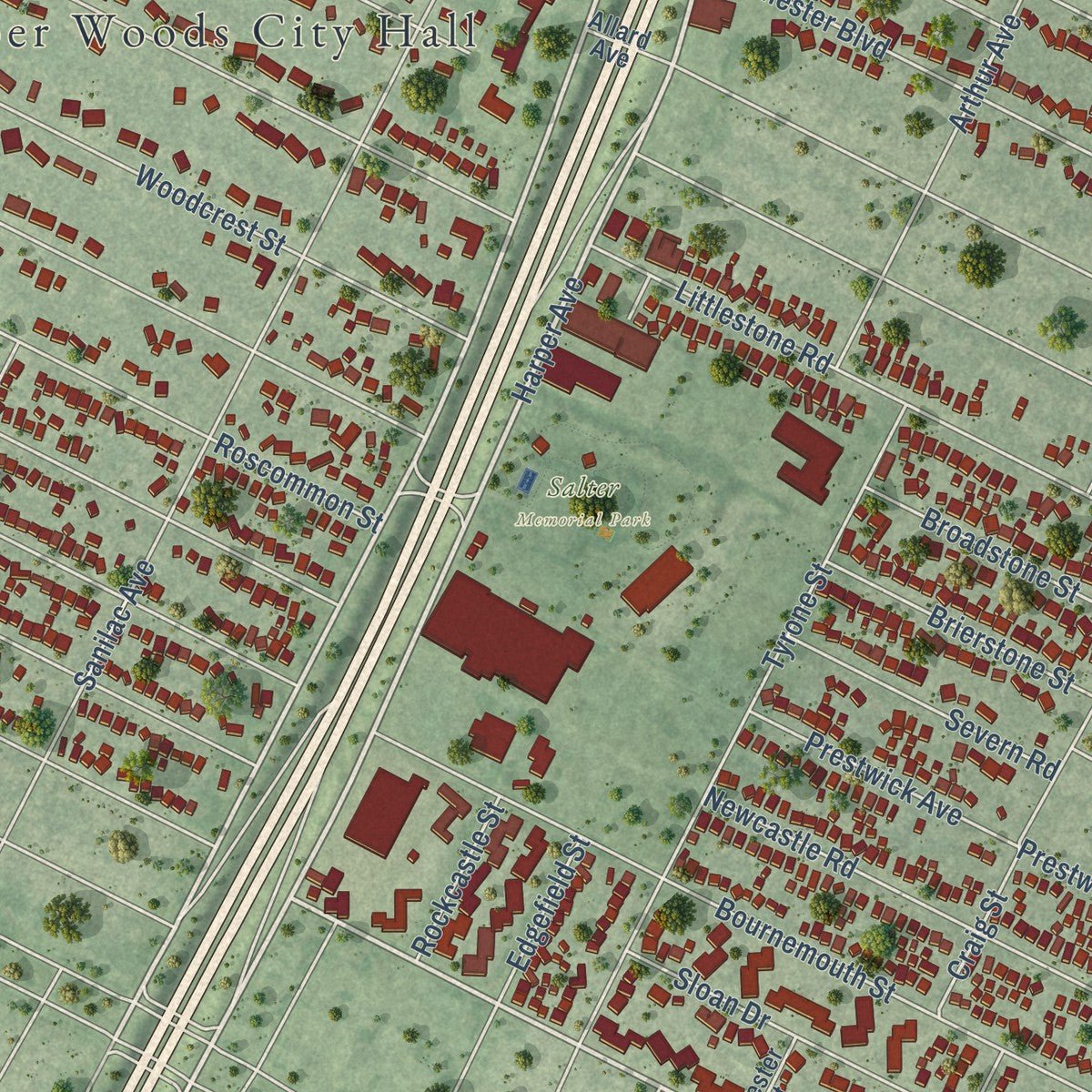 Second close-up of the map of Harper Woods, Michigan print showing more streets and buildings