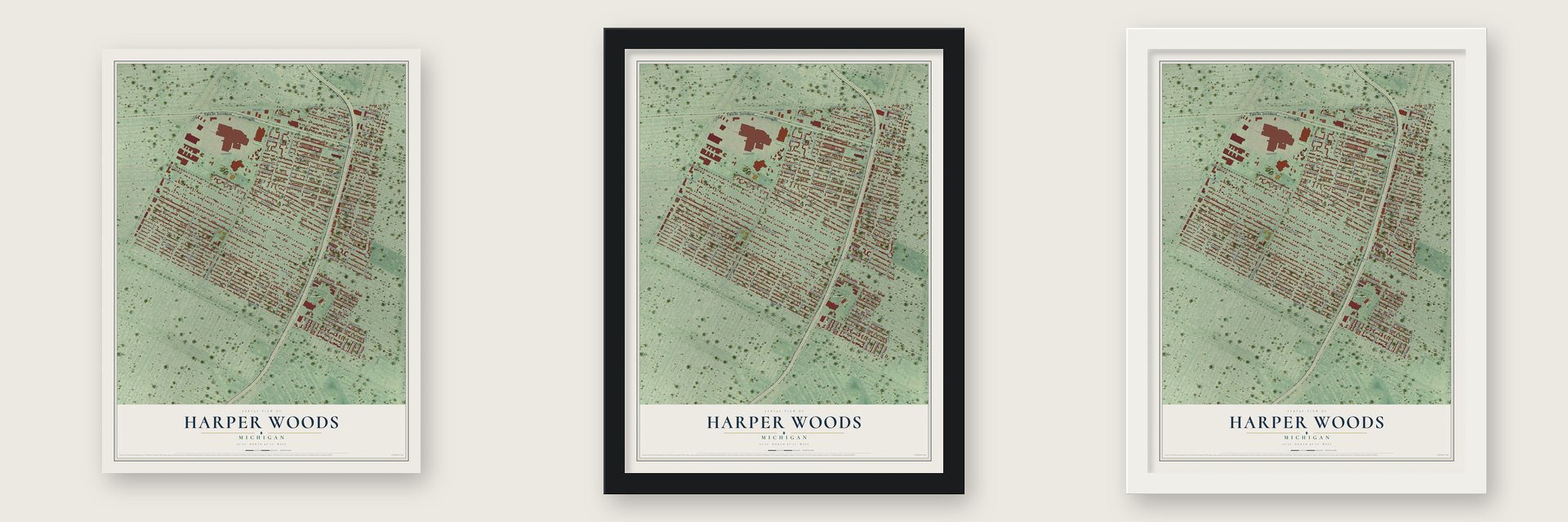 Harper Woods, Michigan map unframed, in a black wood frame and in a white wood frame