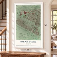 Harper Woods, Michigan map, 24 x 36 inch print in a white frame by a staircase