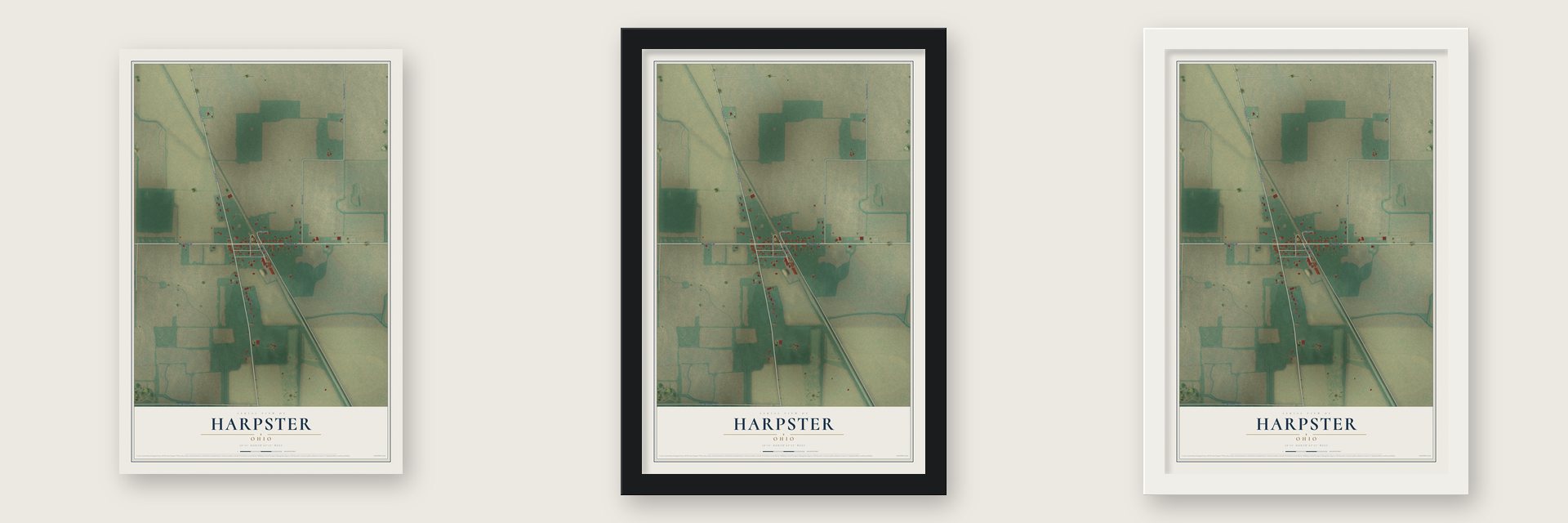 Harpster, Ohio map unframed, in a black wood frame and in a white wood frame