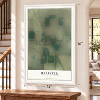 Harpster, Ohio map, 24 x 36 inch print in a white frame by a staircase