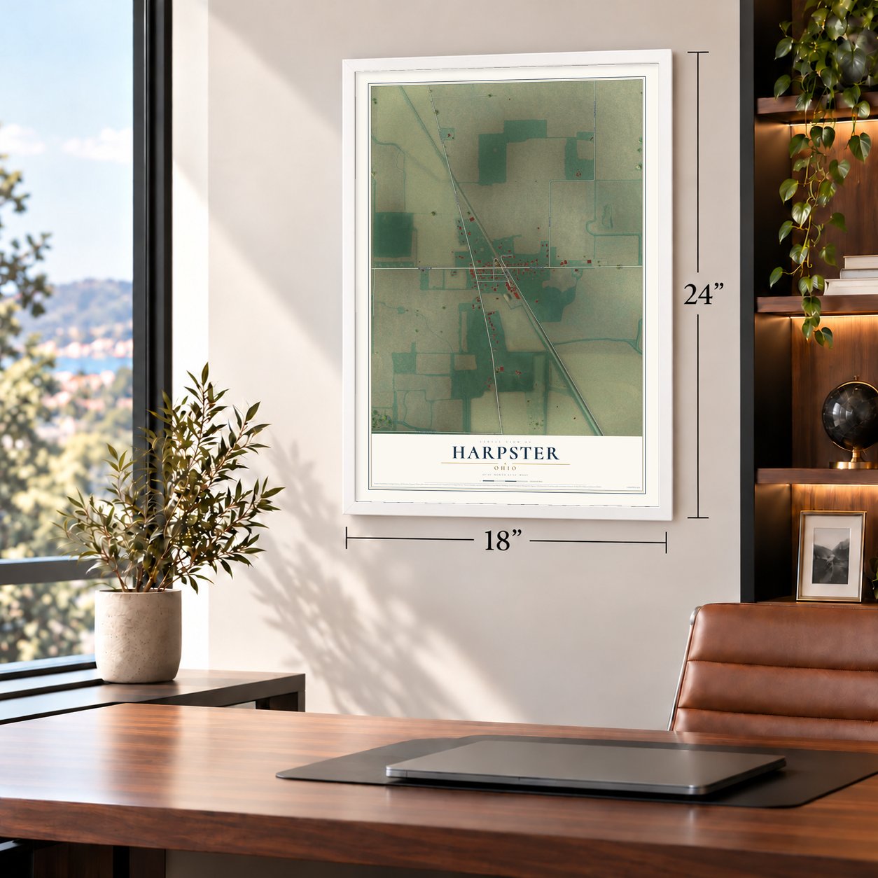 Harpster, Ohio map, 18 x 24 inch print in a white frame in a home office
