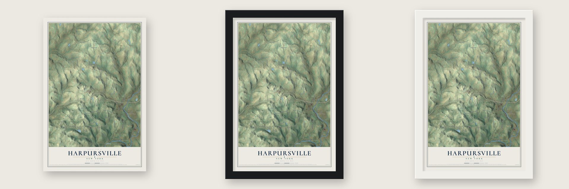 Harpursville, New York map unframed, in a black wood frame and in a white wood frame