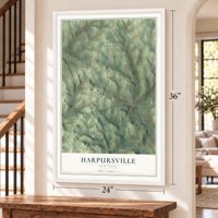 Harpursville, New York map, 24 x 36 inch print in a white frame by a staircase