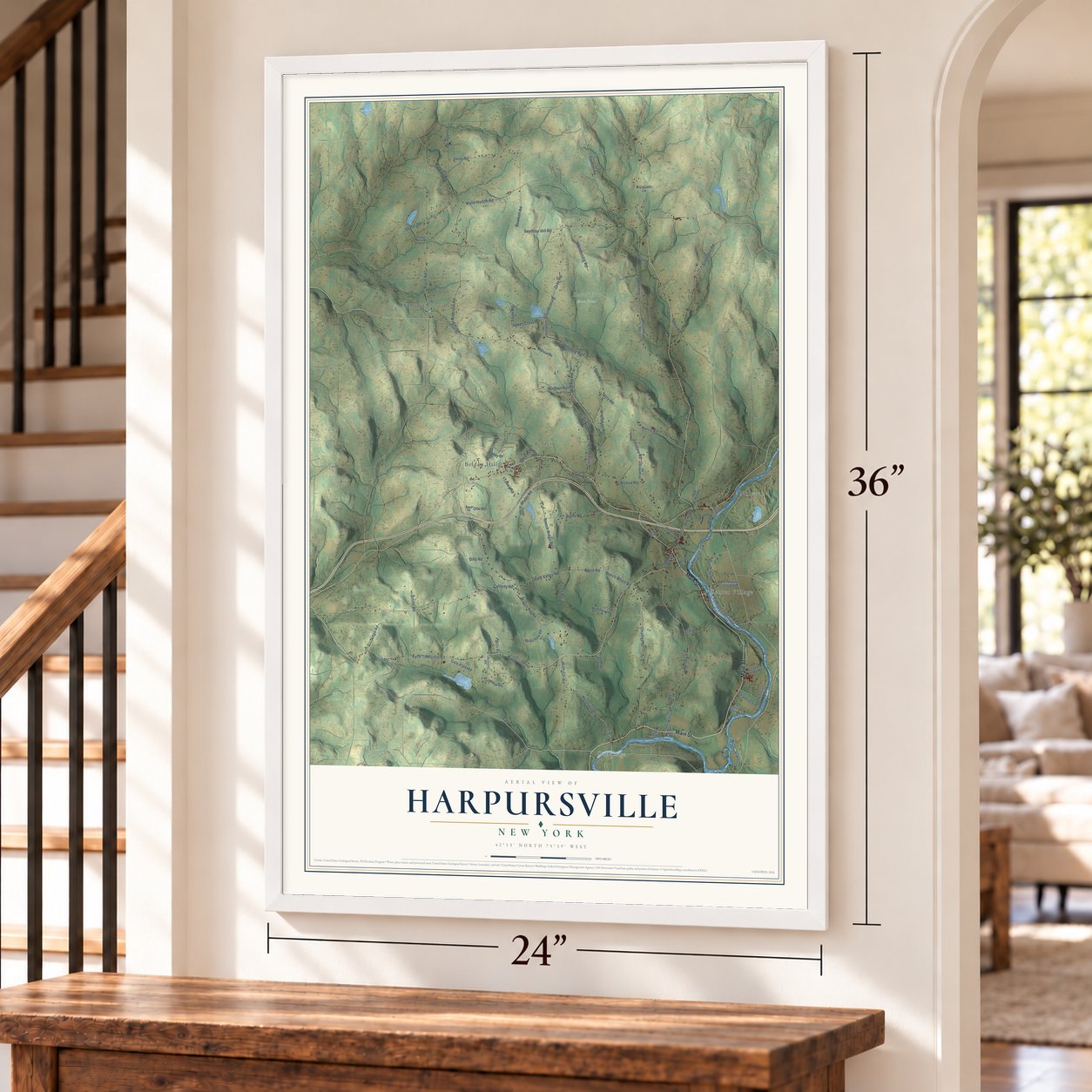 Harpursville, New York map, 24 x 36 inch print in a white frame by a staircase