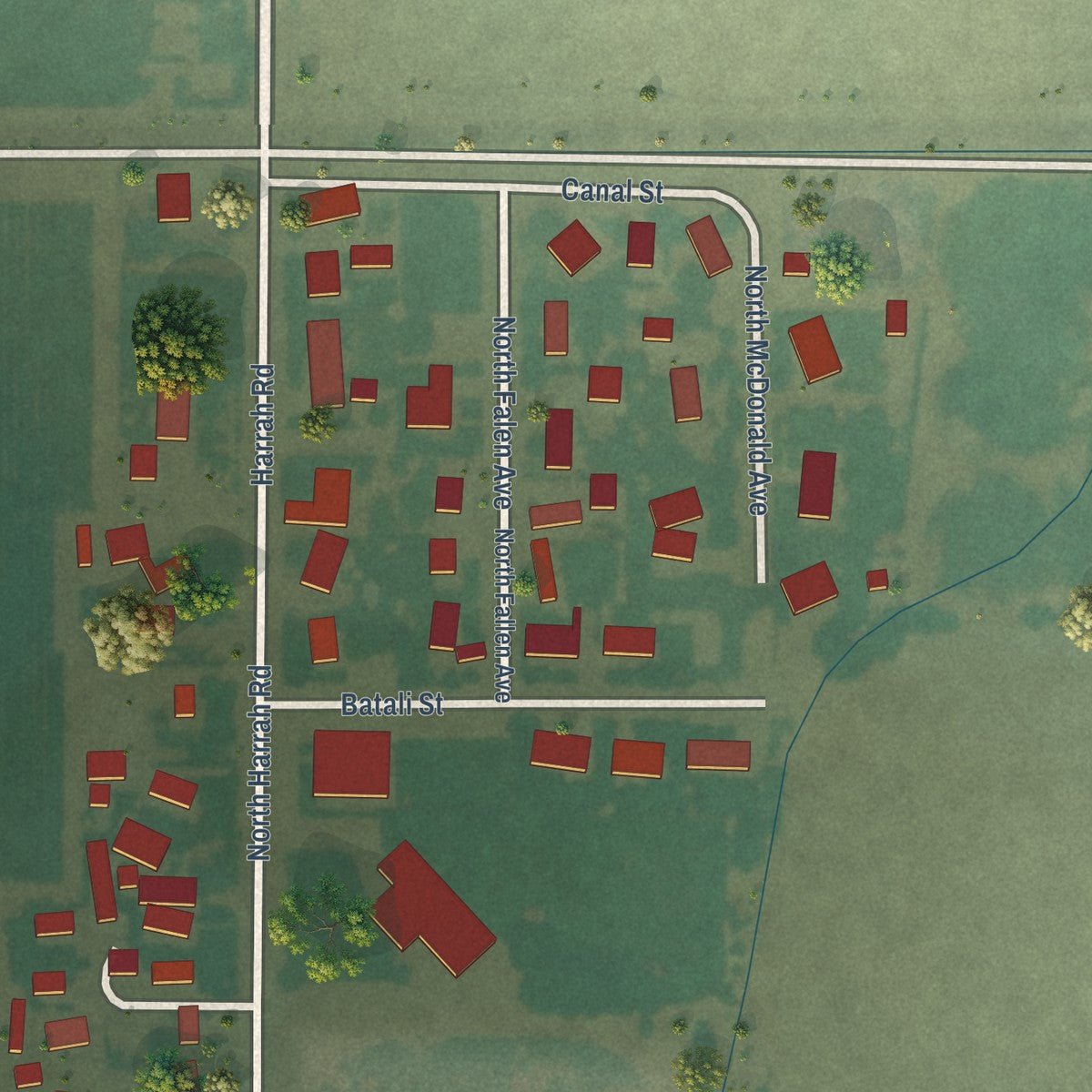 Second close-up of the map of Harrah, Washington print showing more streets and buildings