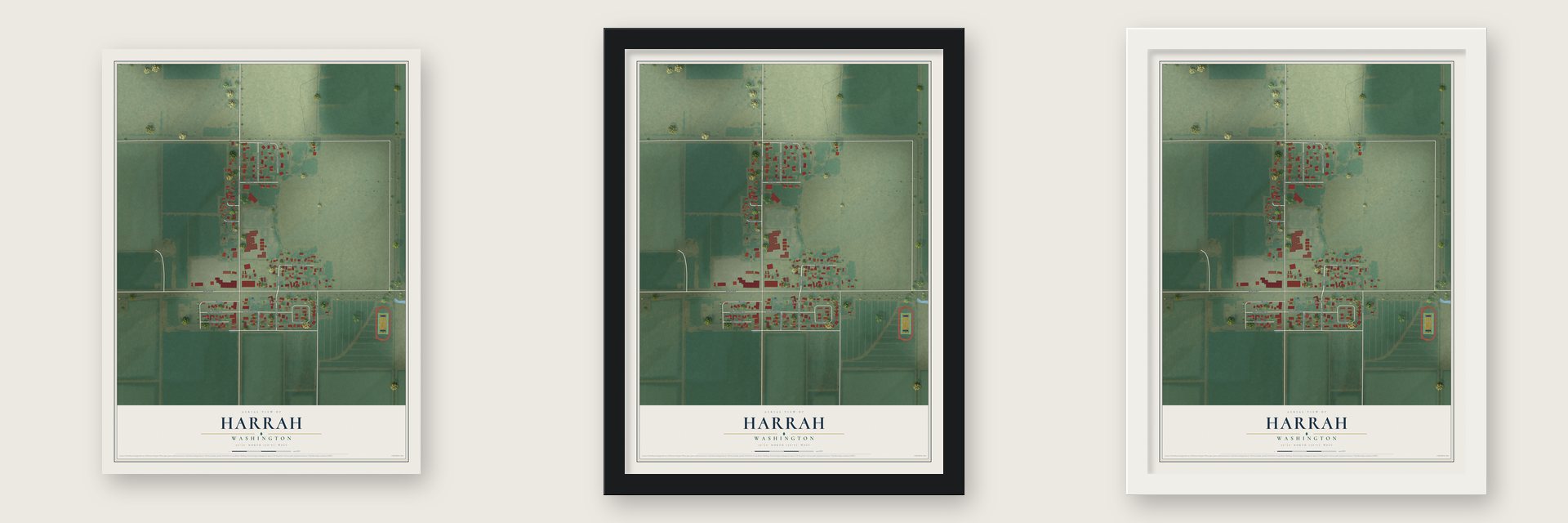 Harrah, Washington map unframed, in a black wood frame and in a white wood frame