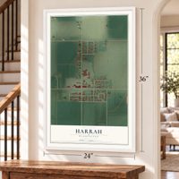 Harrah, Washington map, 24 x 36 inch print in a white frame by a staircase