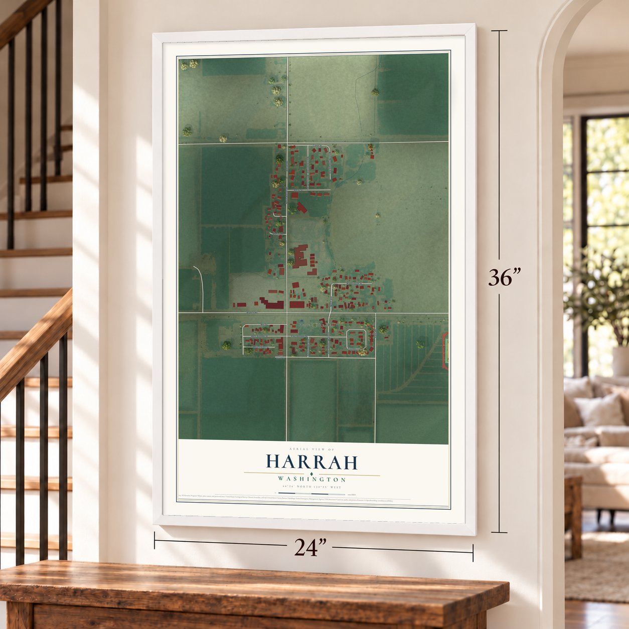 Harrah, Washington map, 24 x 36 inch print in a white frame by a staircase