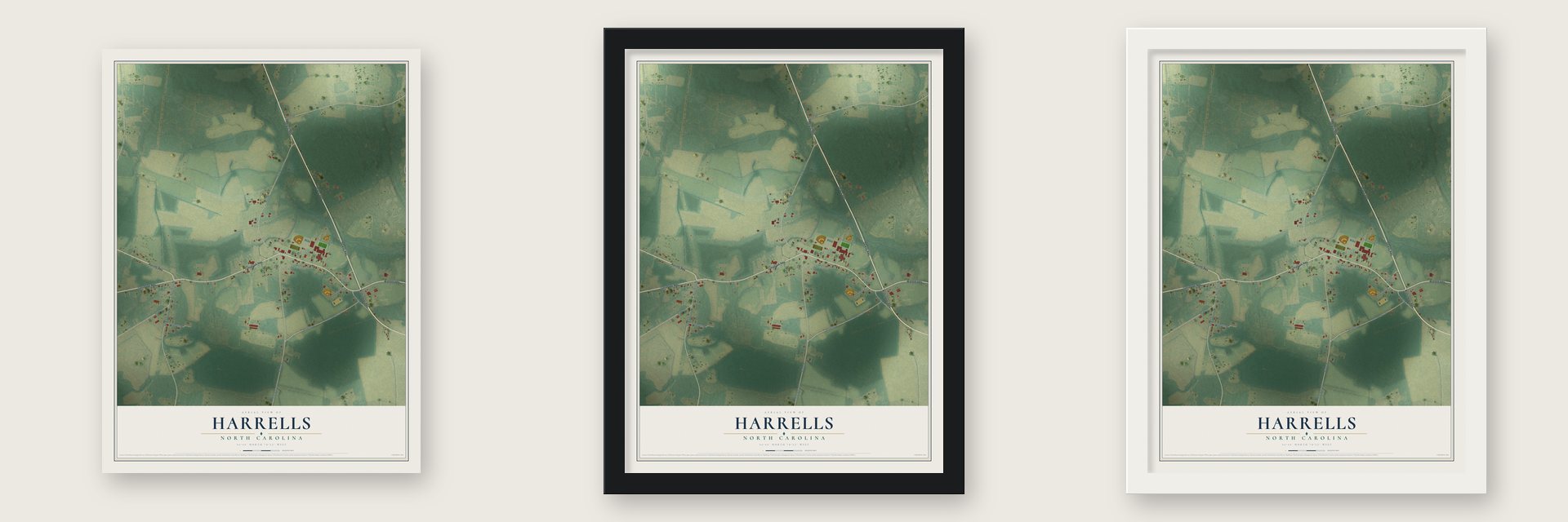 Harrells, North Carolina map unframed, in a black wood frame and in a white wood frame