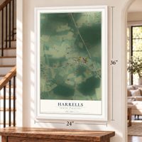 Harrells, North Carolina map, 24 x 36 inch print in a white frame by a staircase
