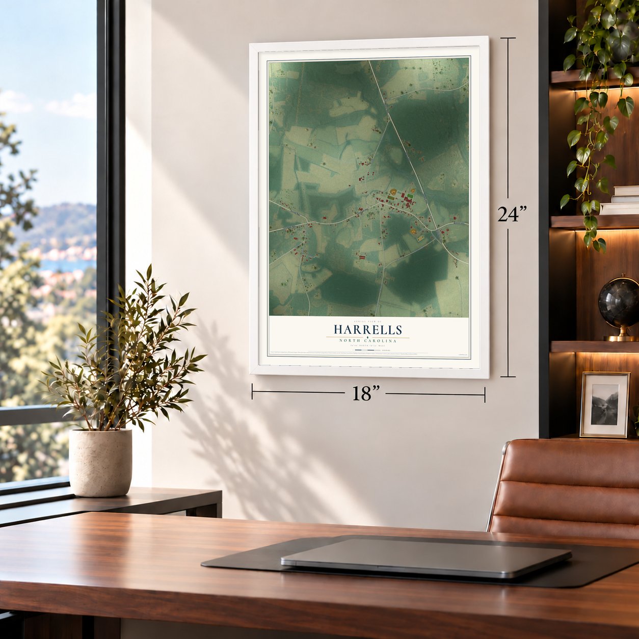 Harrells, North Carolina map, 18 x 24 inch print in a white frame in a home office