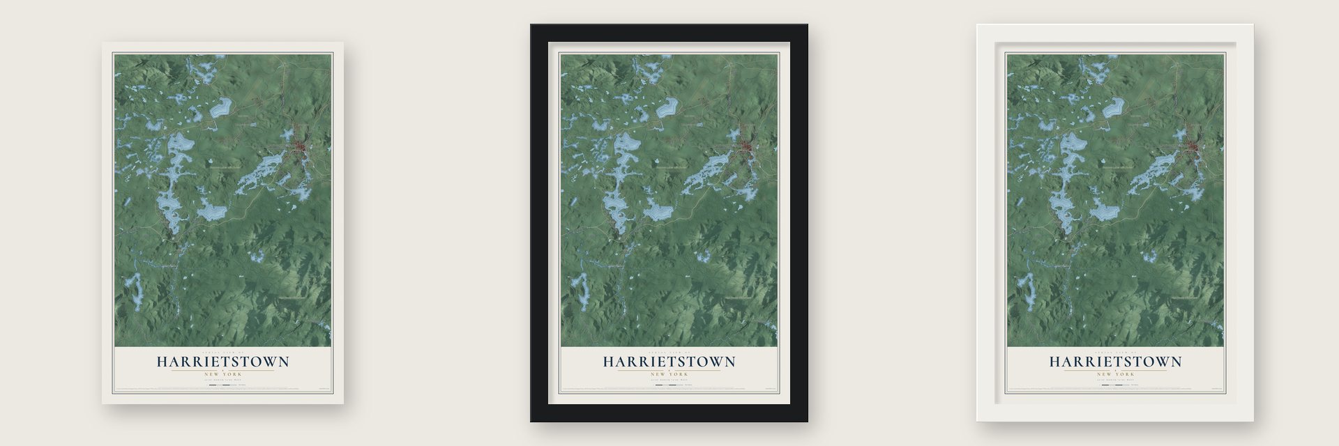 Harrietstown, New York map unframed, in a black wood frame and in a white wood frame