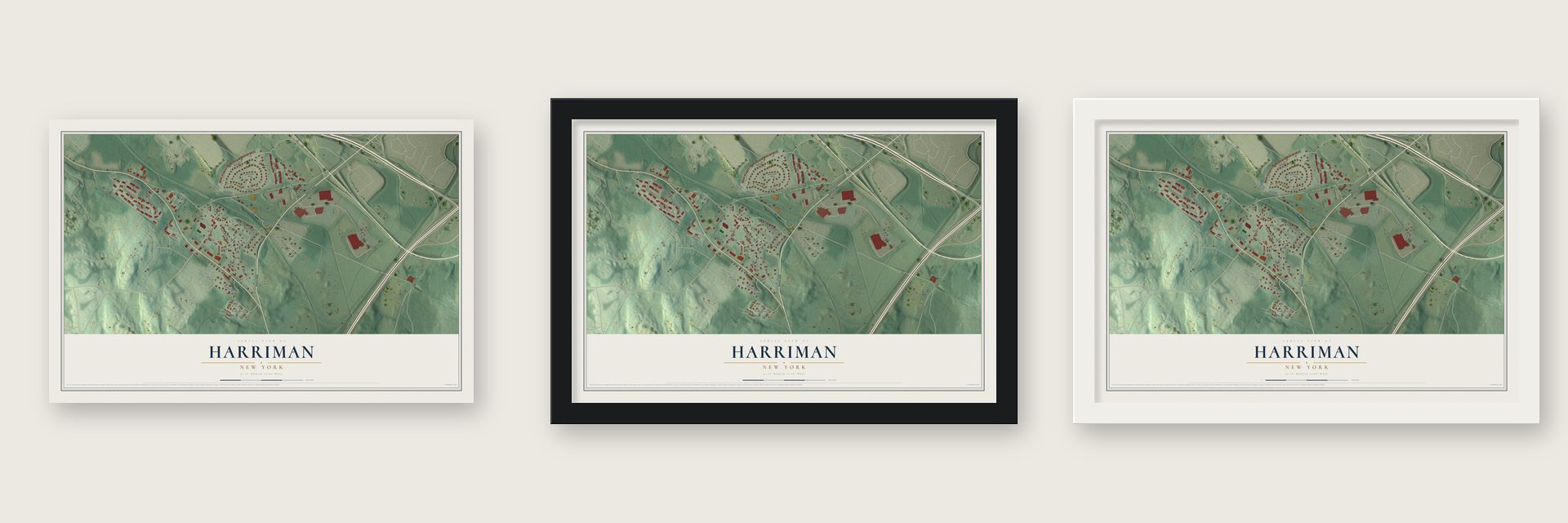 Harriman, New York map unframed, in a black wood frame and in a white wood frame