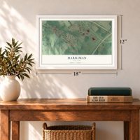 Harriman, New York map, 12 x 18 inch print in a white frame in an entryway