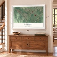 Harriman, New York map, 24 x 36 inch print in a white frame above a dresser by a staircase