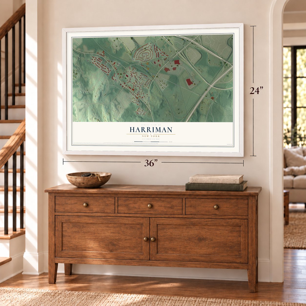 Harriman, New York map, 24 x 36 inch print in a white frame above a dresser by a staircase
