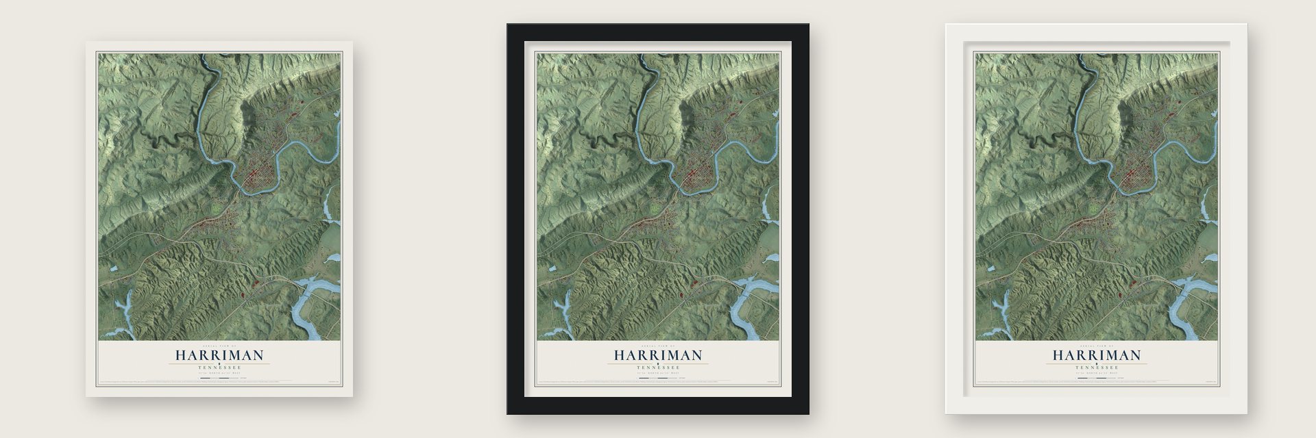Harriman, Tennessee map unframed, in a black wood frame and in a white wood frame