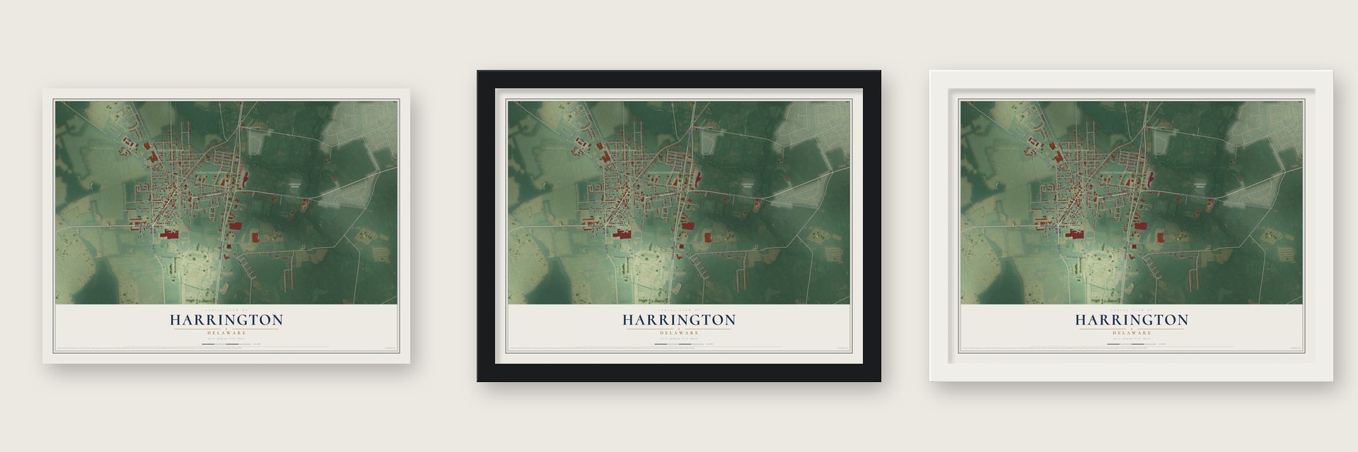 Harrington, Delaware map unframed, in a black wood frame and in a white wood frame