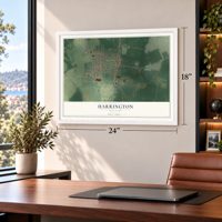 Harrington, Delaware map, 18 x 24 inch print in a white frame in a home office