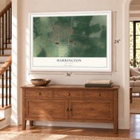 Harrington, Delaware map, 24 x 36 inch print in a white frame above a dresser by a staircase