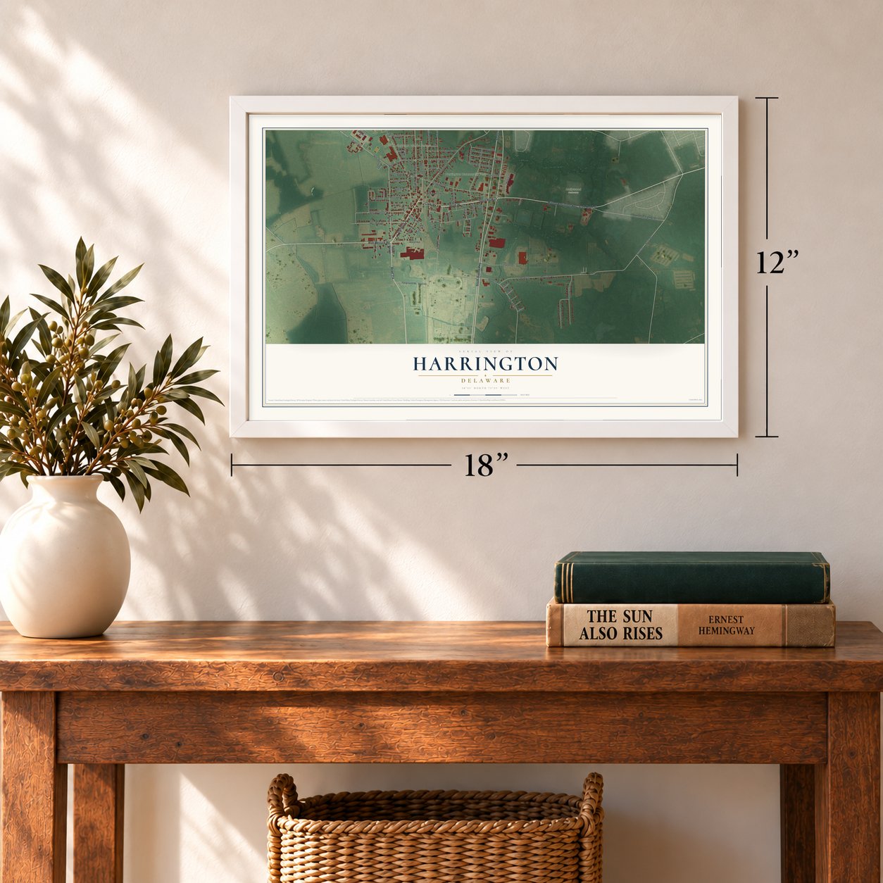 Harrington, Delaware map, 12 x 18 inch print in a white frame in an entryway