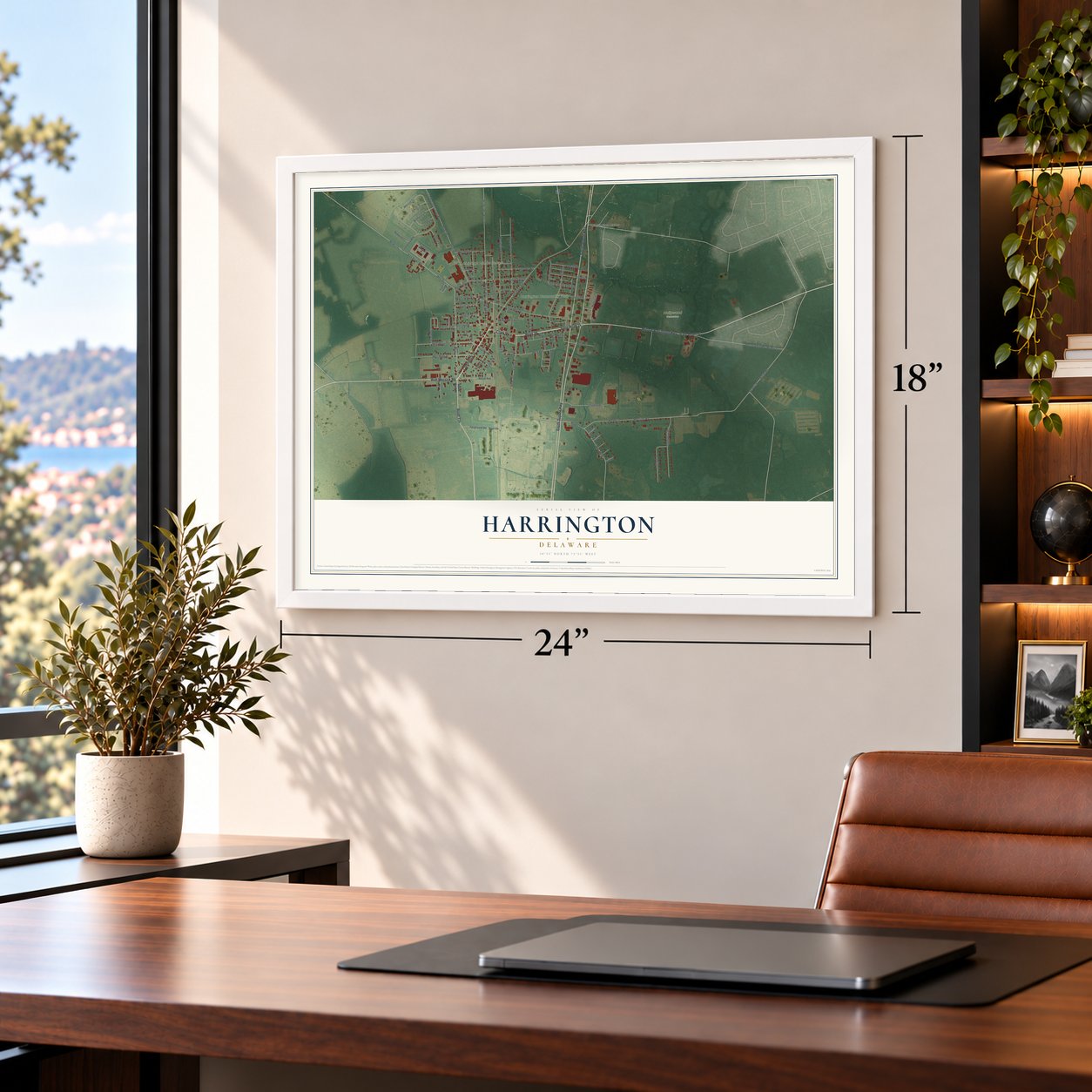 Harrington, Delaware map, 18 x 24 inch print in a white frame in a home office