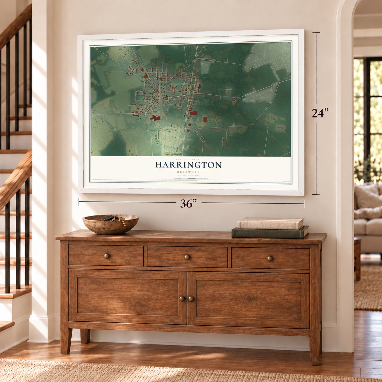 Harrington, Delaware map, 24 x 36 inch print in a white frame above a dresser by a staircase