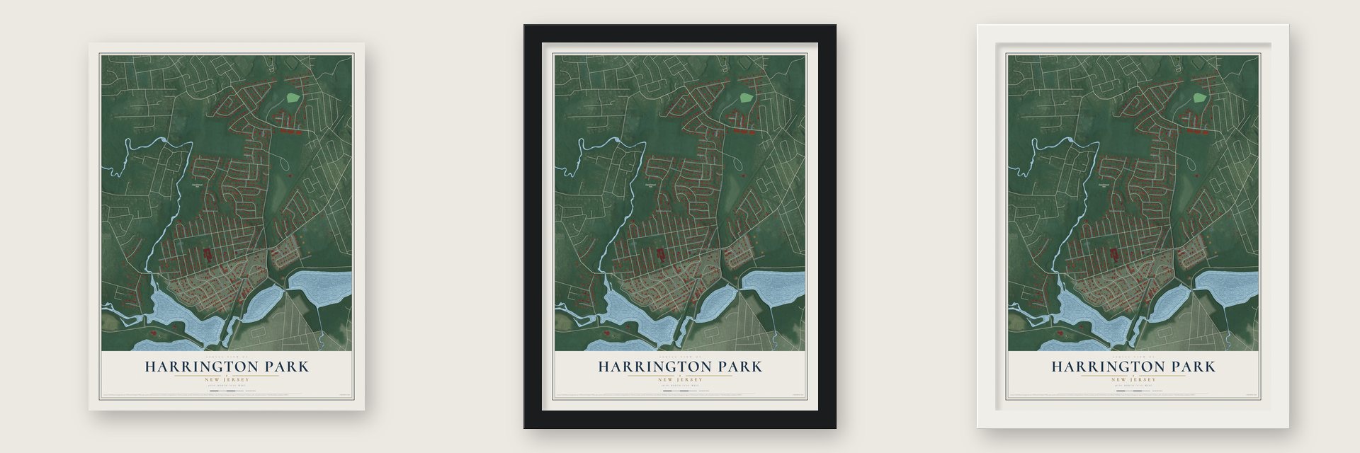Harrington Park, New Jersey map unframed, in a black wood frame and in a white wood frame