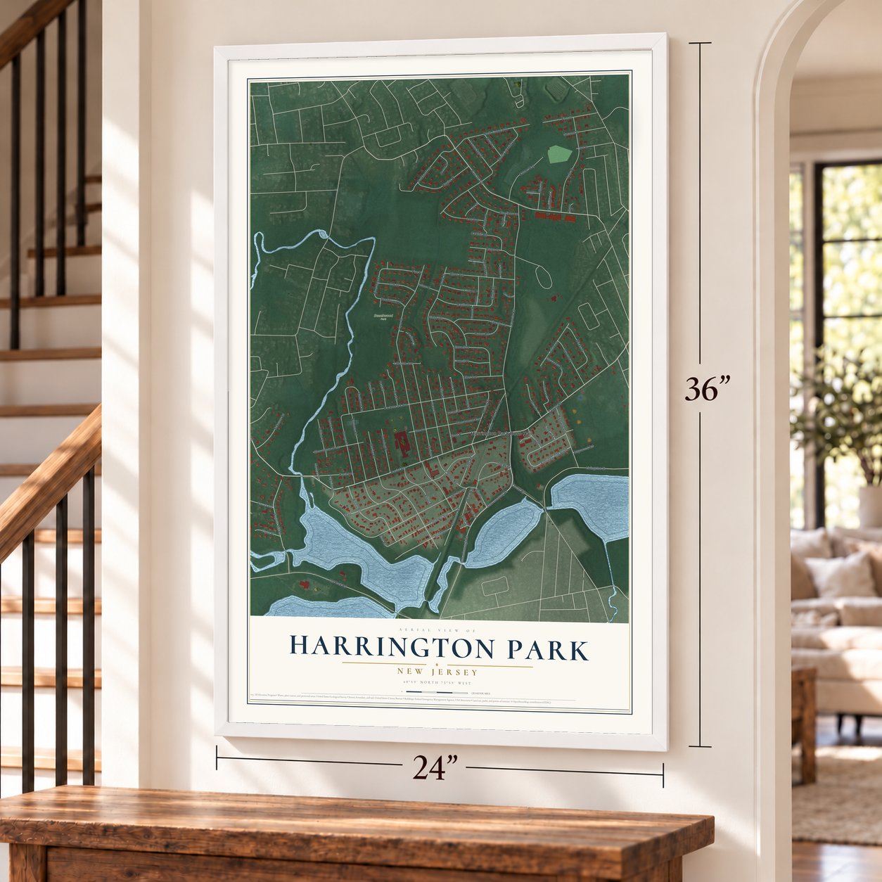 Harrington Park, New Jersey map, 24 x 36 inch print in a white frame by a staircase