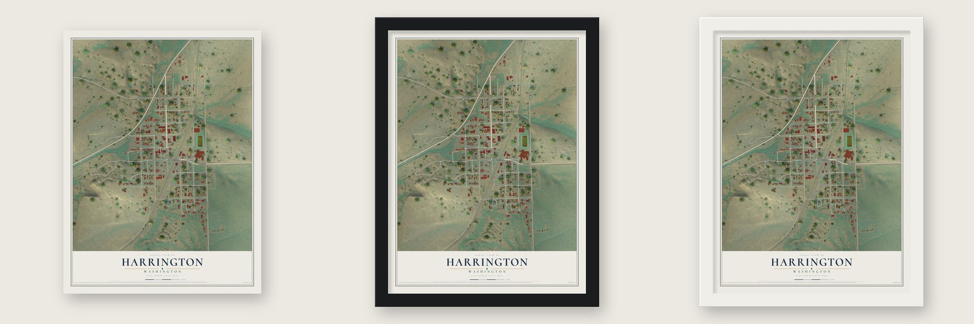 Harrington, Washington map unframed, in a black wood frame and in a white wood frame