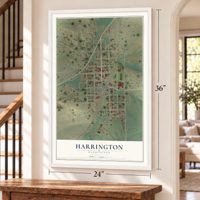 Harrington, Washington map, 24 x 36 inch print in a white frame by a staircase