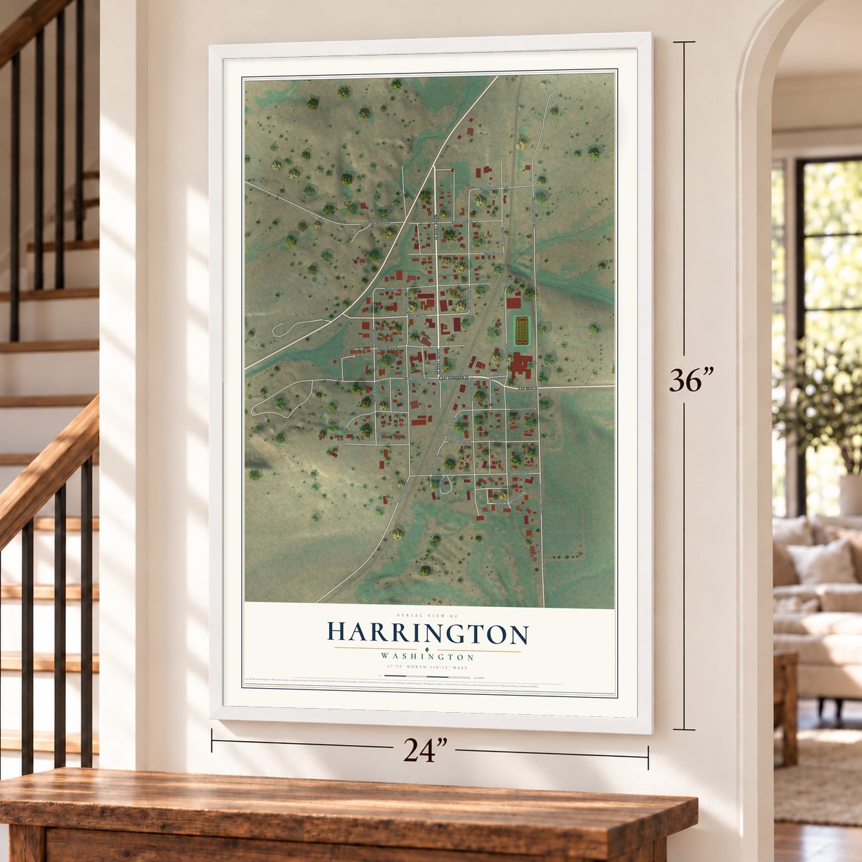 Harrington, Washington map, 24 x 36 inch print in a white frame by a staircase