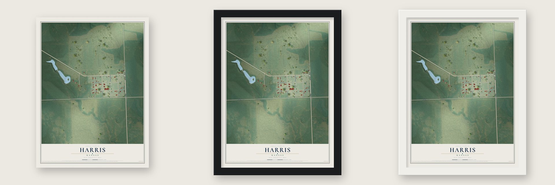 Harris, Kansas map unframed, in a black wood frame and in a white wood frame