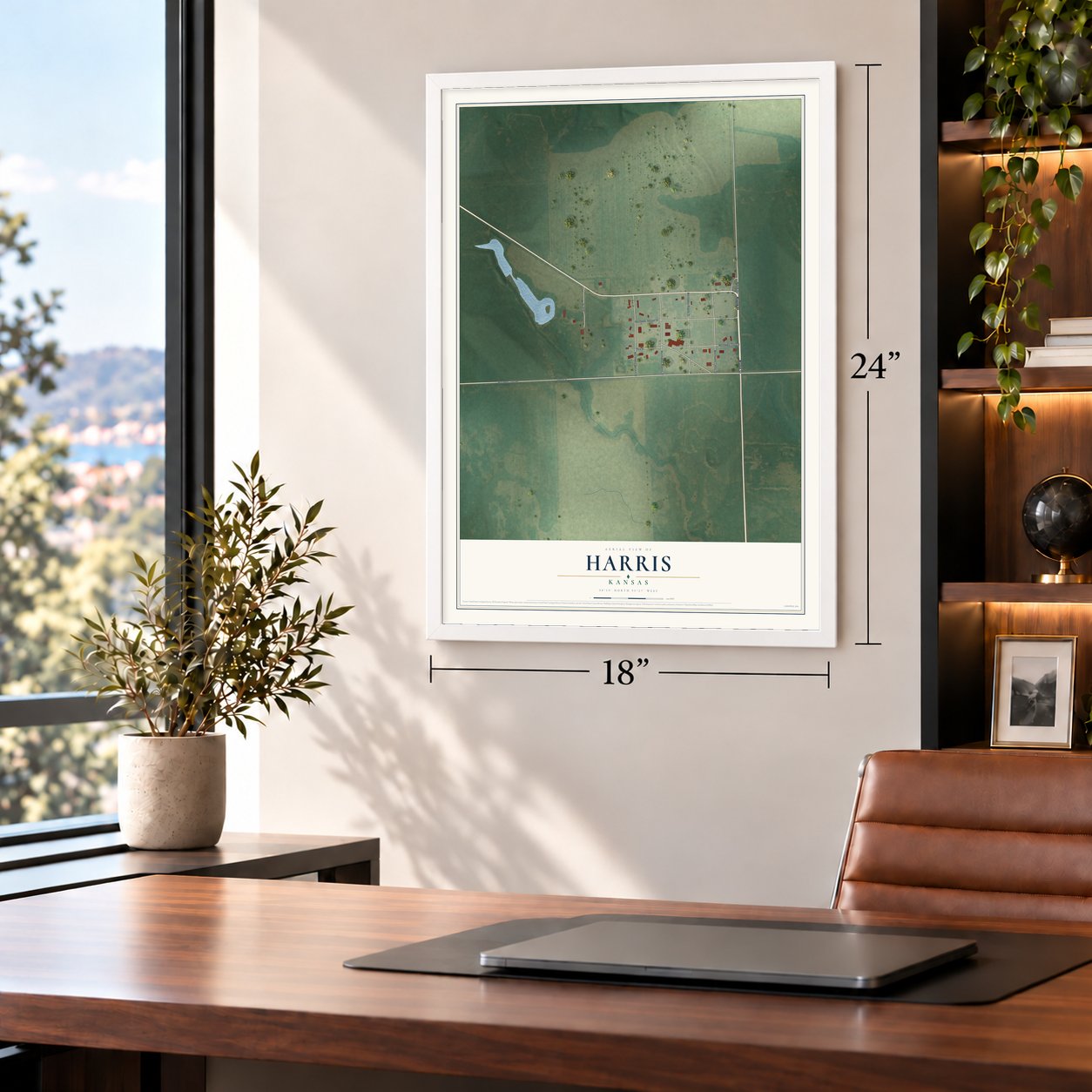 Harris, Kansas map, 18 x 24 inch print in a white frame in a home office