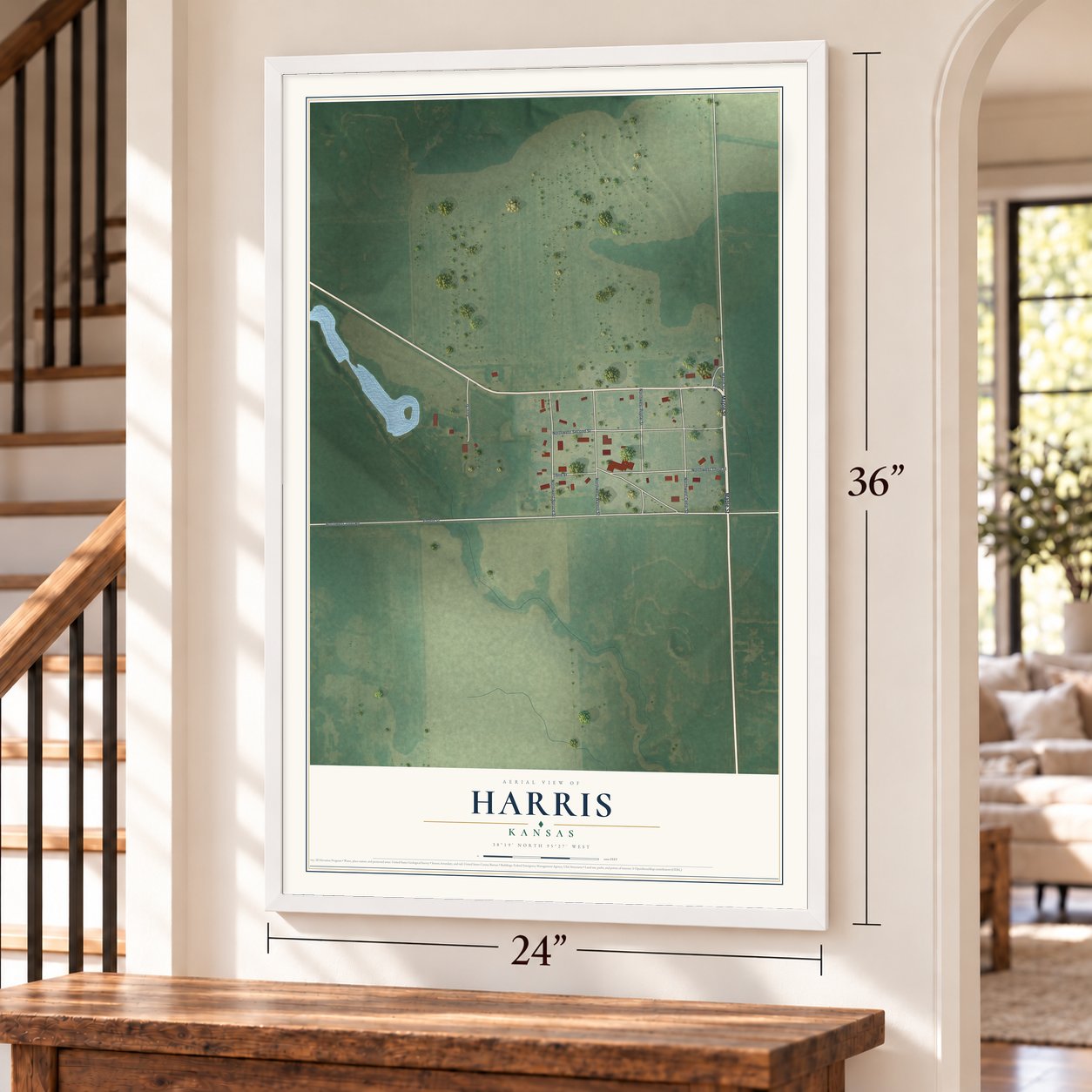 Harris, Kansas map, 24 x 36 inch print in a white frame by a staircase