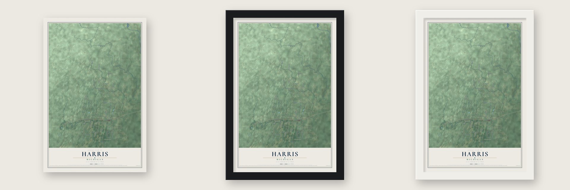 Harris, Michigan map unframed, in a black wood frame and in a white wood frame
