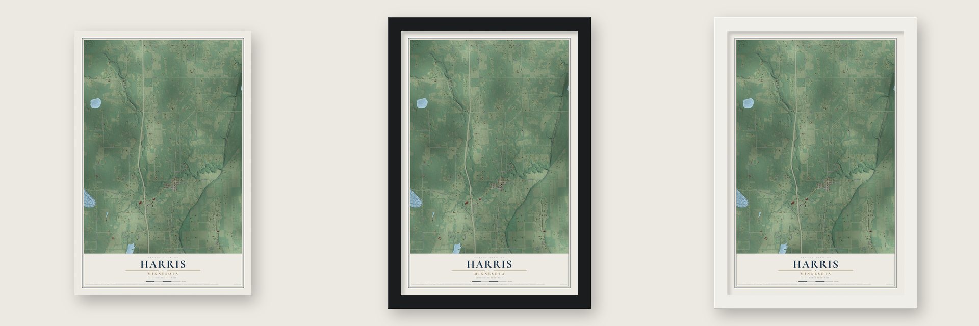 Harris, Minnesota map unframed, in a black wood frame and in a white wood frame