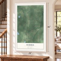 Harris, Minnesota map, 24 x 36 inch print in a white frame by a staircase