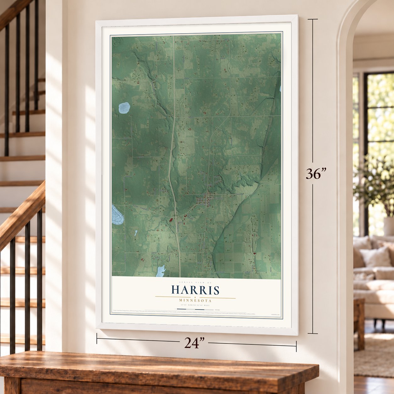 Harris, Minnesota map, 24 x 36 inch print in a white frame by a staircase