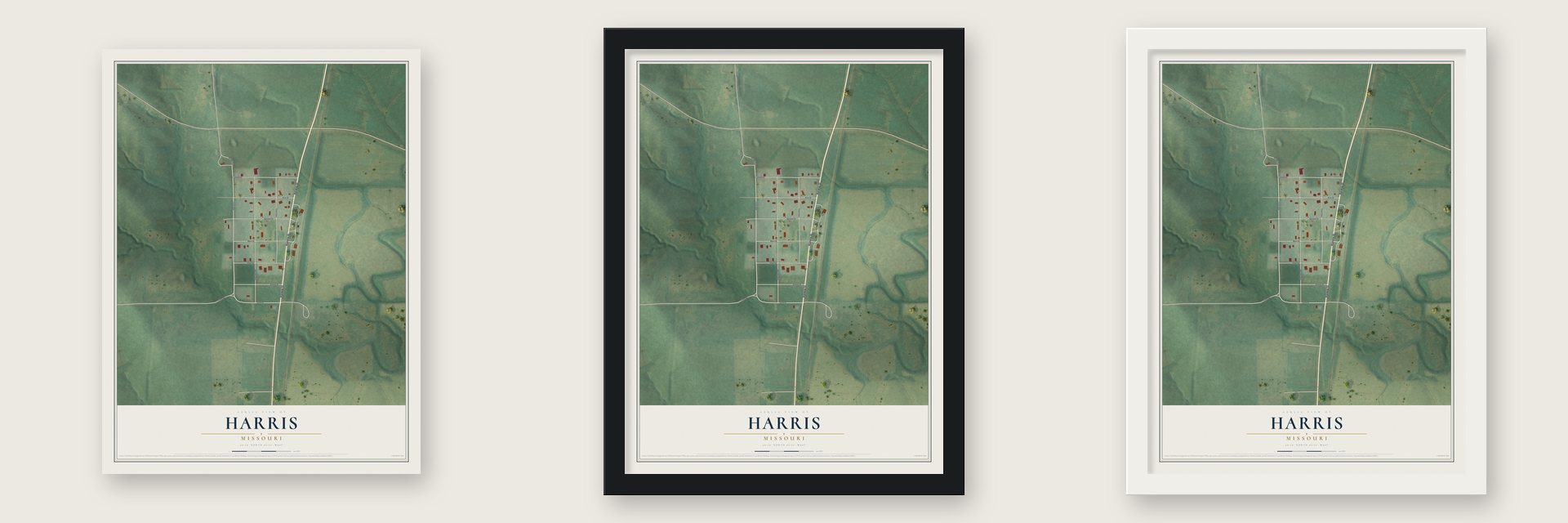 Harris, Missouri map unframed, in a black wood frame and in a white wood frame