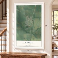 Harris, Missouri map, 24 x 36 inch print in a white frame by a staircase