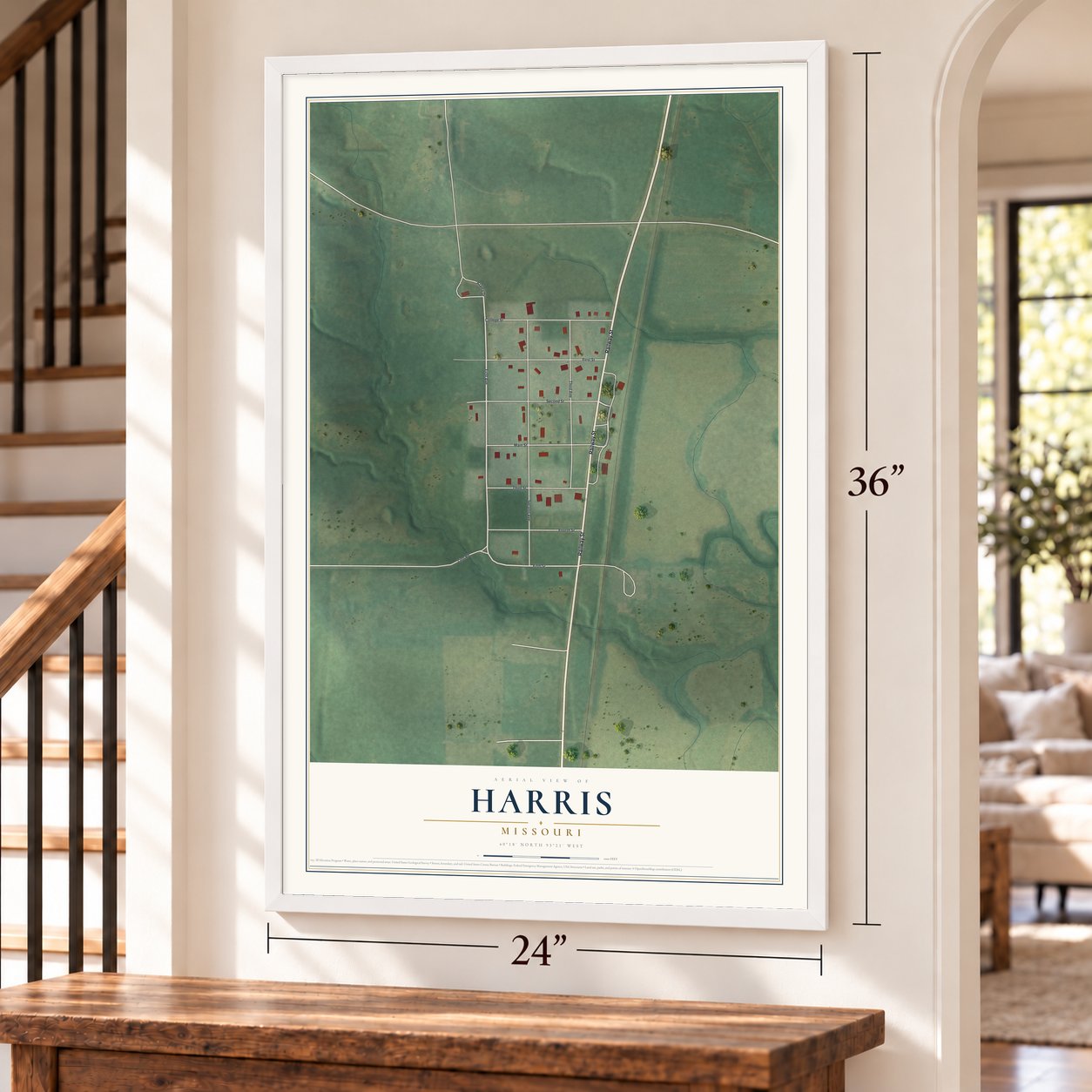Harris, Missouri map, 24 x 36 inch print in a white frame by a staircase