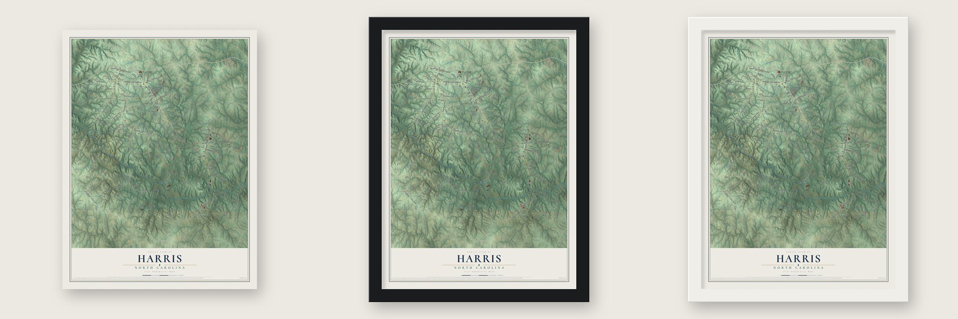 Harris, North Carolina map unframed, in a black wood frame and in a white wood frame