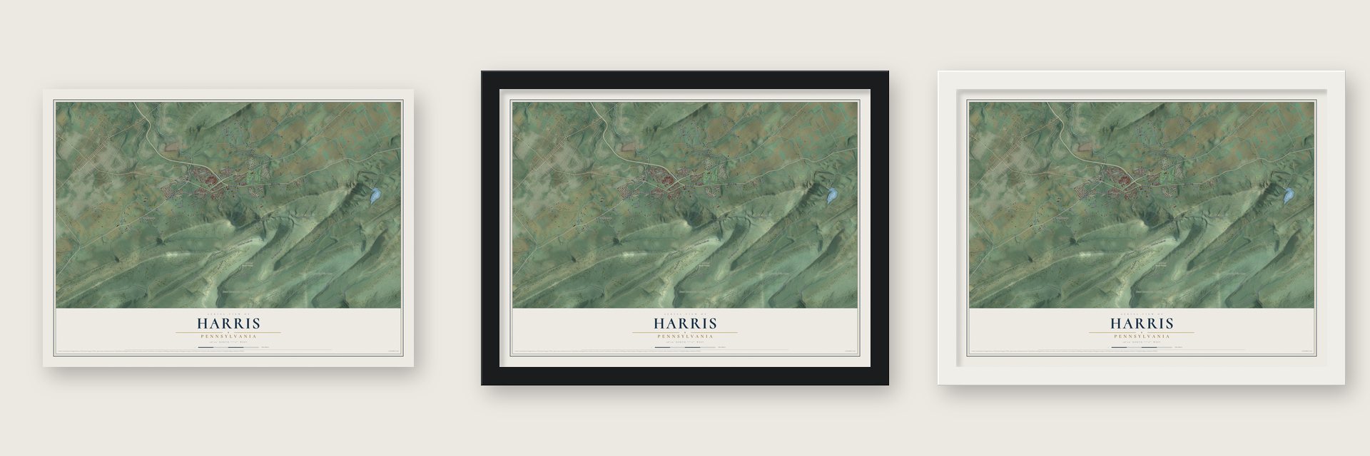 Harris, Pennsylvania map unframed, in a black wood frame and in a white wood frame