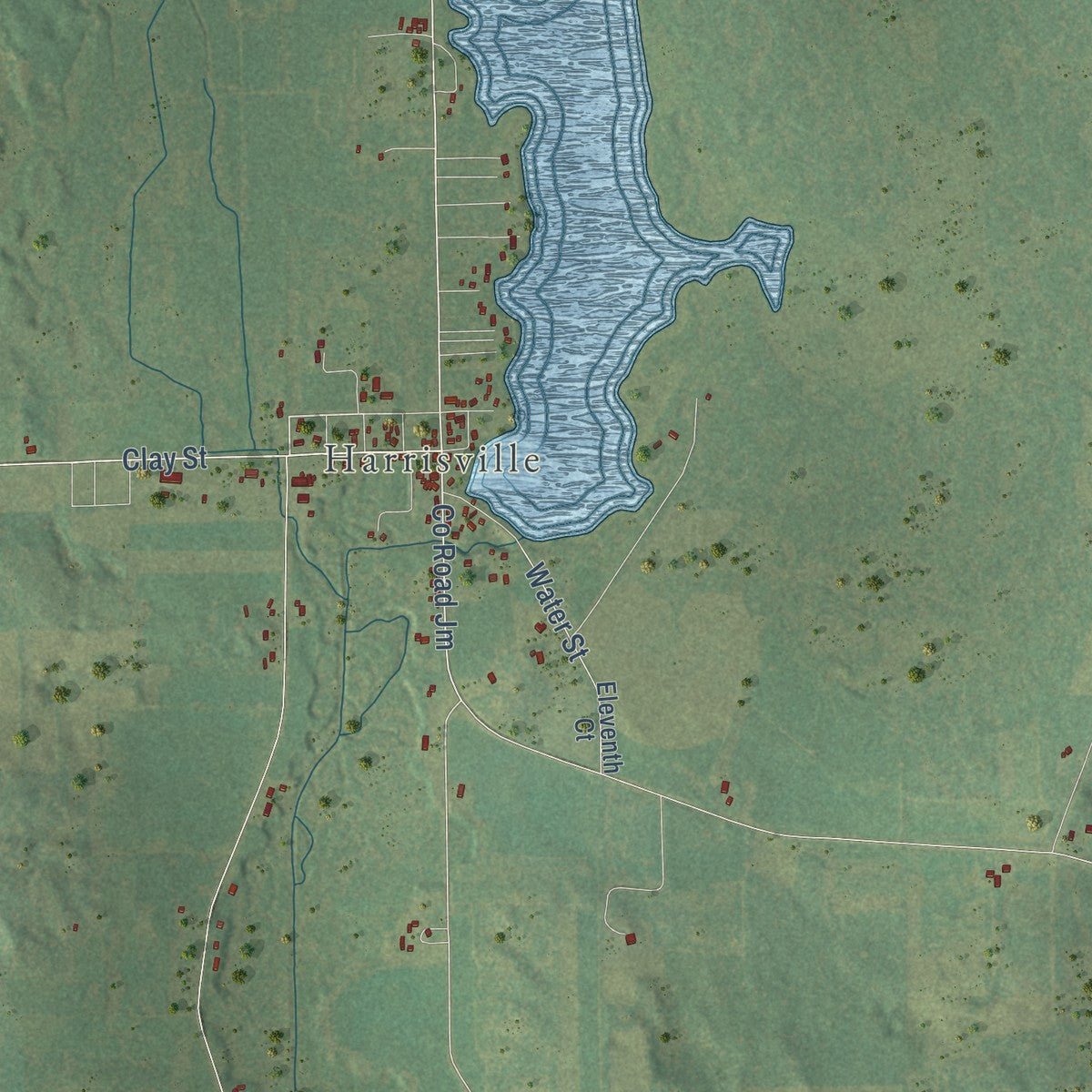 Second close-up of the map of Harris, Wisconsin print showing more streets and buildings