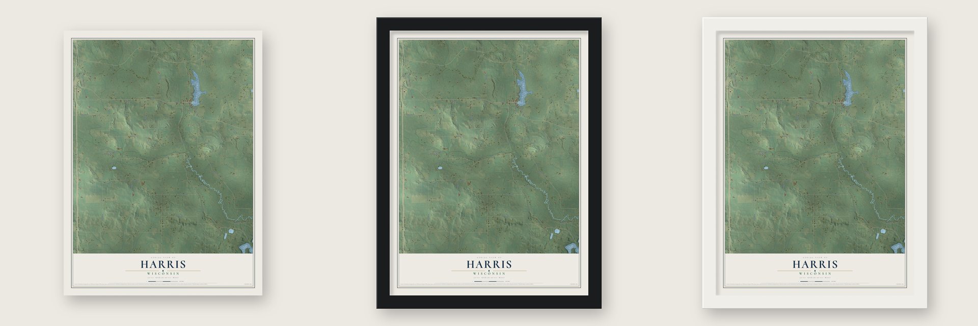 Harris, Wisconsin map unframed, in a black wood frame and in a white wood frame